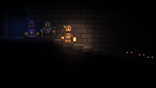 Three adventurers on a stone stair going down into the dark. The scout is ahead of the other two, holding up a lit lantern.